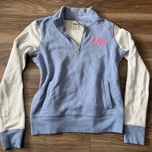 PINK Victoria's Secret Light Blue and Cream Half-Zip Fleece Pullover